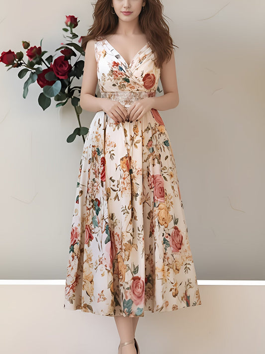 New Fashion Elegant Print Sleeveless V-Neck Wrap Dress