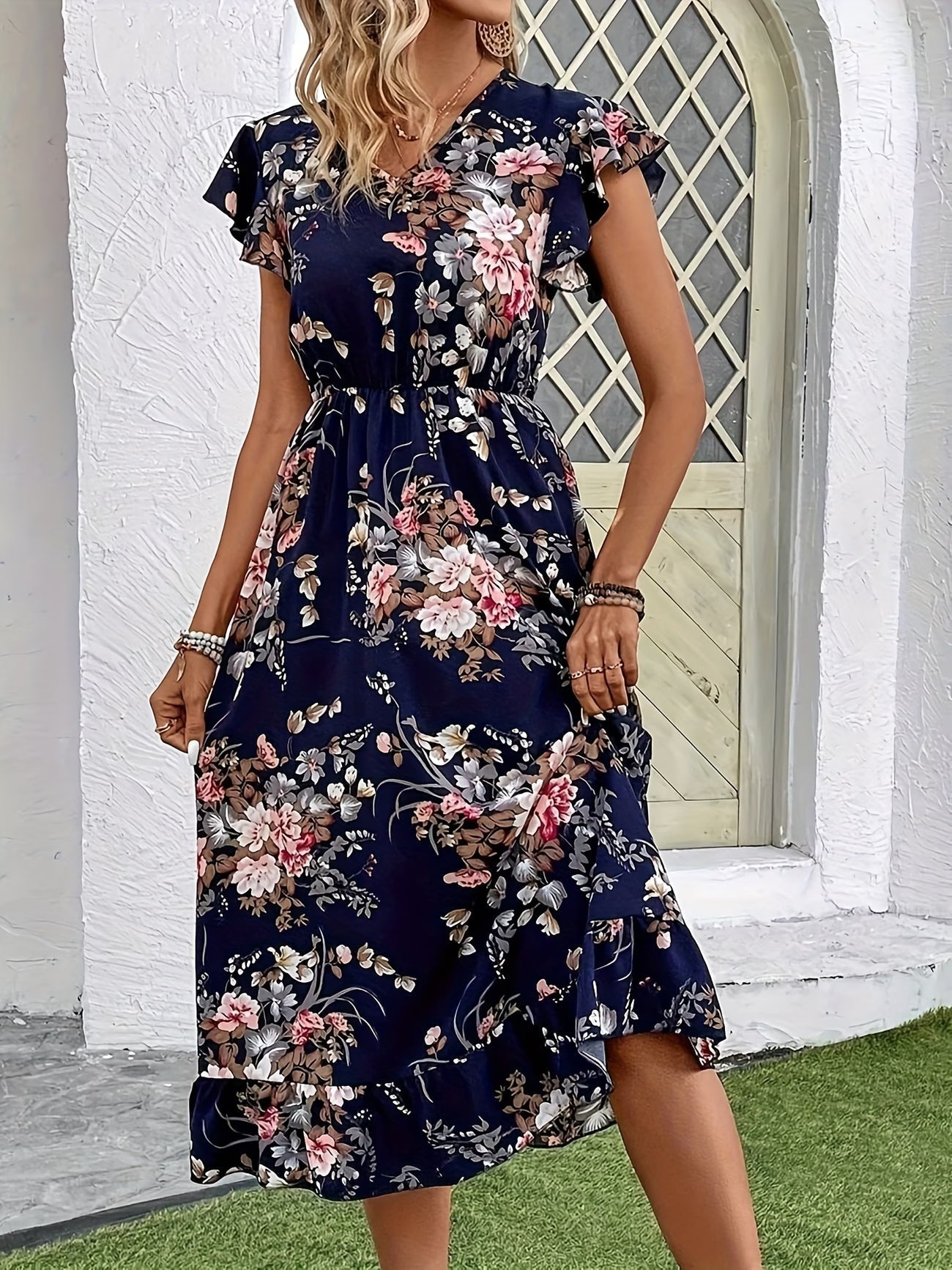 Women's Fashion Floral Elegant Peony Sleeve Dress