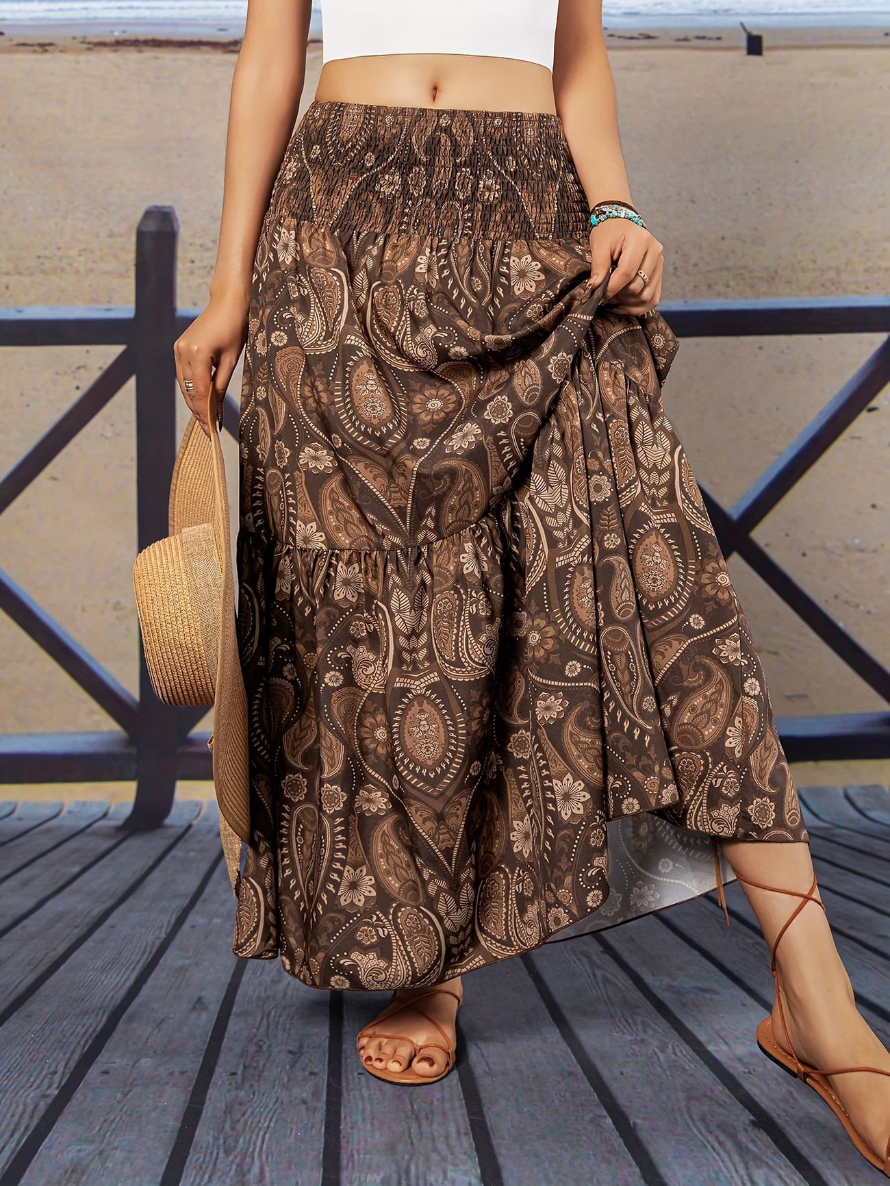 🌸 Women High Waist Tiered Flowy Brown Paisley Print Bohemian Maxi Skirt 🌸