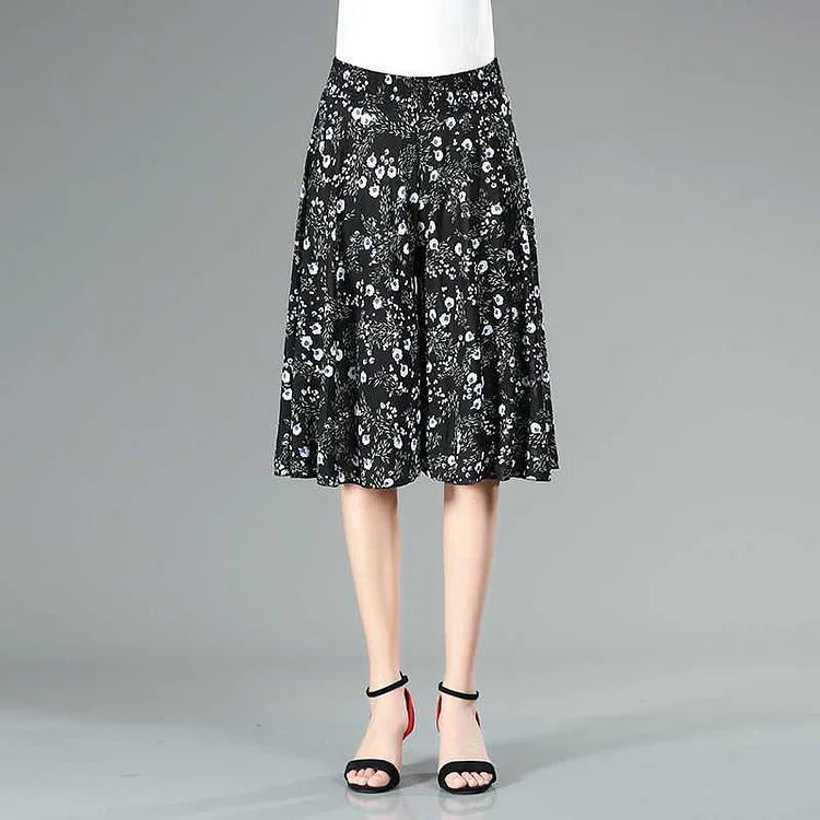 Womens High Elastic Waist Pleated Chiffon Wide Leg Culottes