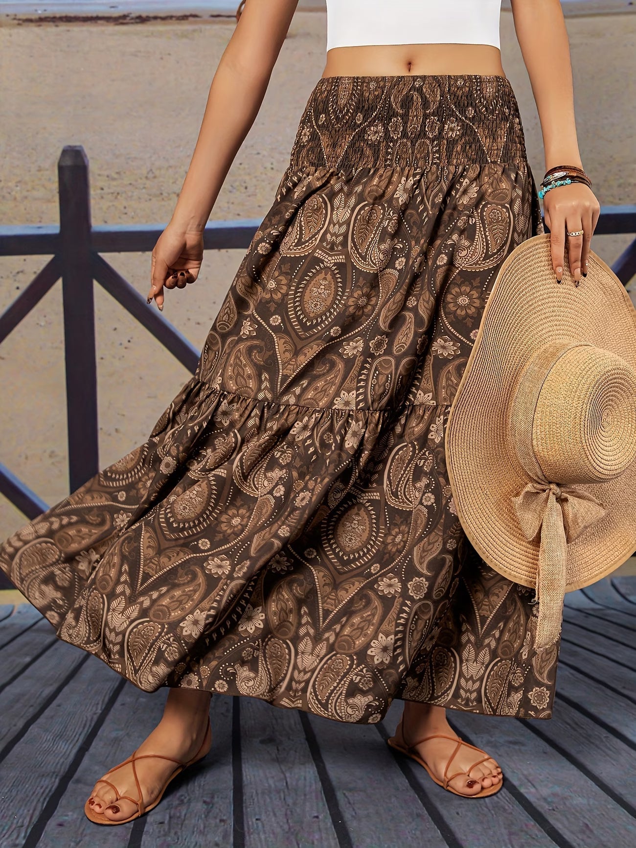 🌸 Women High Waist Tiered Flowy Brown Paisley Print Bohemian Maxi Skirt 🌸