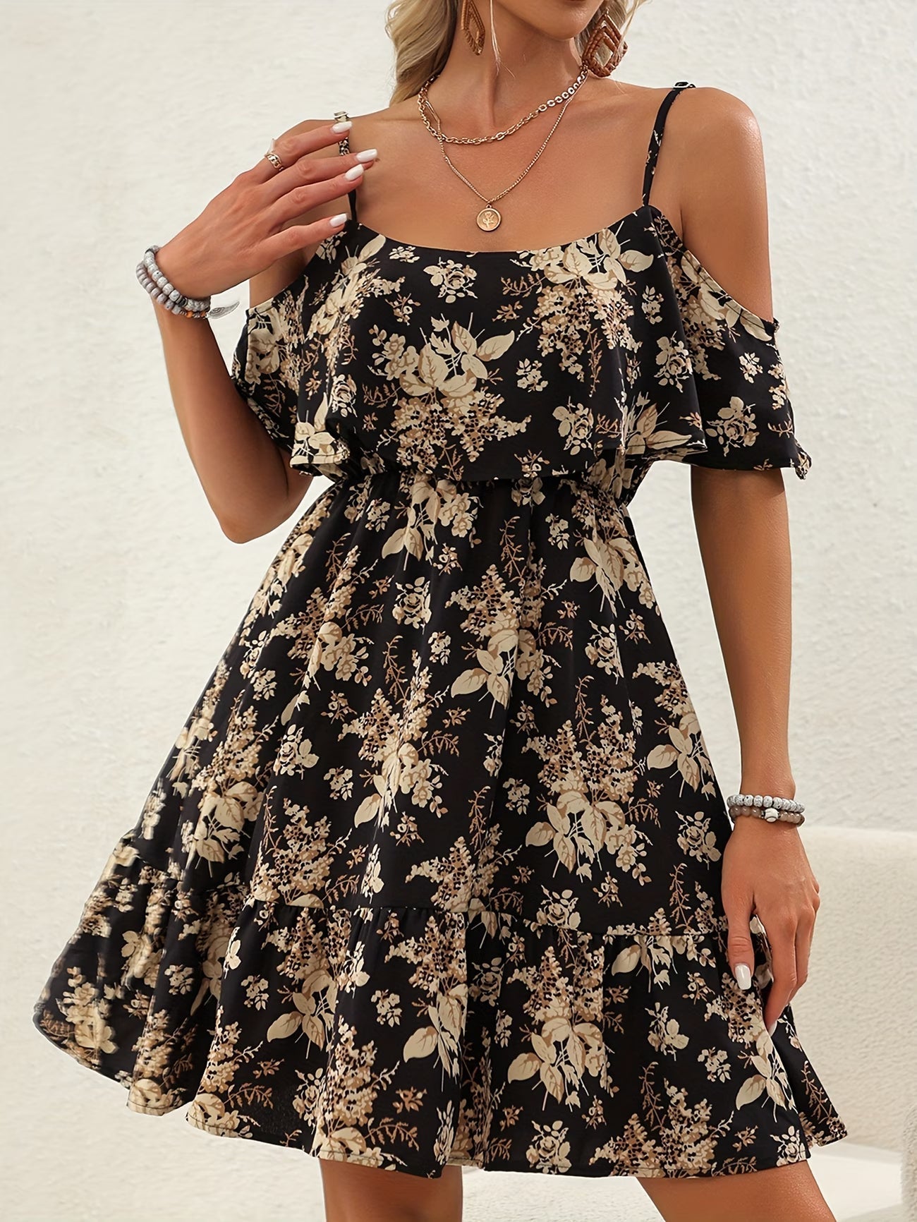 Women's Elegant Floral Print Cold-Shoulder Ruffle Midi Dress