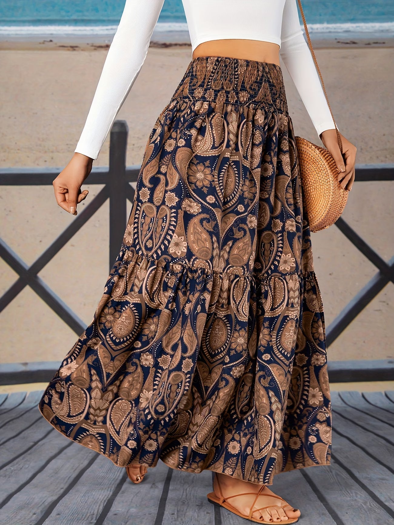 🌸 Women High Waist Tiered Flowy Brown Paisley Print Bohemian Maxi Skirt 🌸