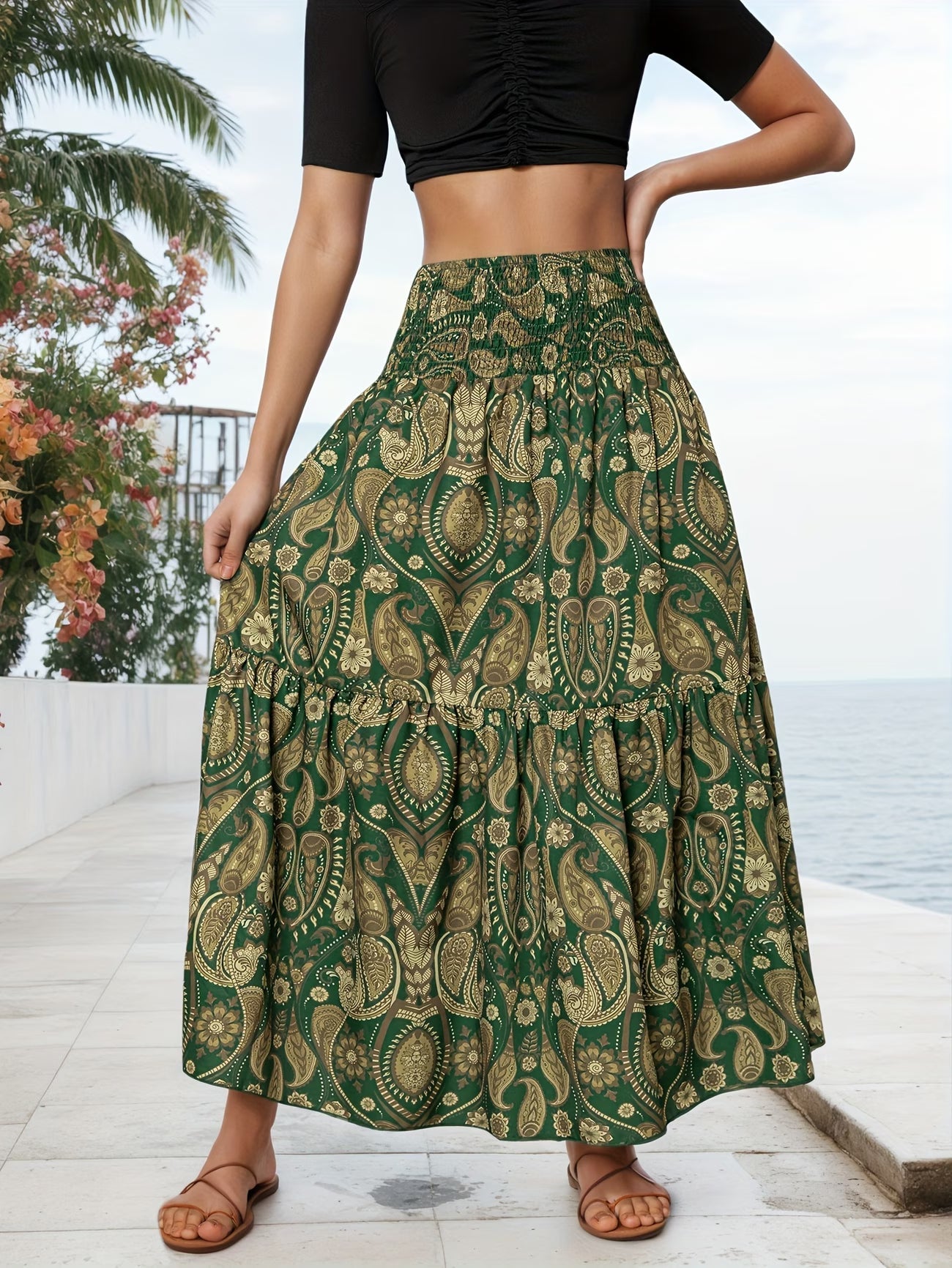 🌸 Women High Waist Tiered Flowy Brown Paisley Print Bohemian Maxi Skirt 🌸