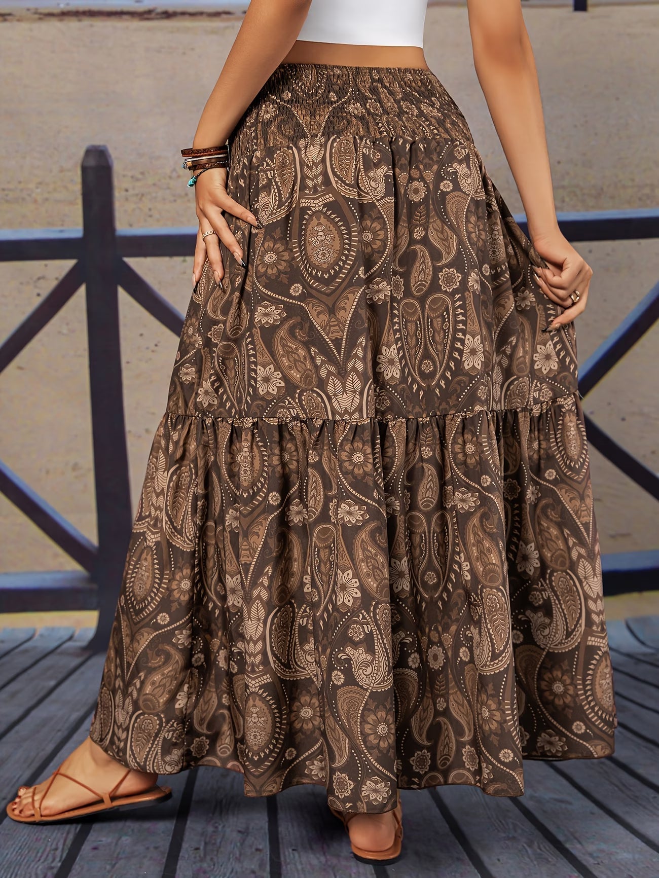🌸 Women High Waist Tiered Flowy Brown Paisley Print Bohemian Maxi Skirt 🌸