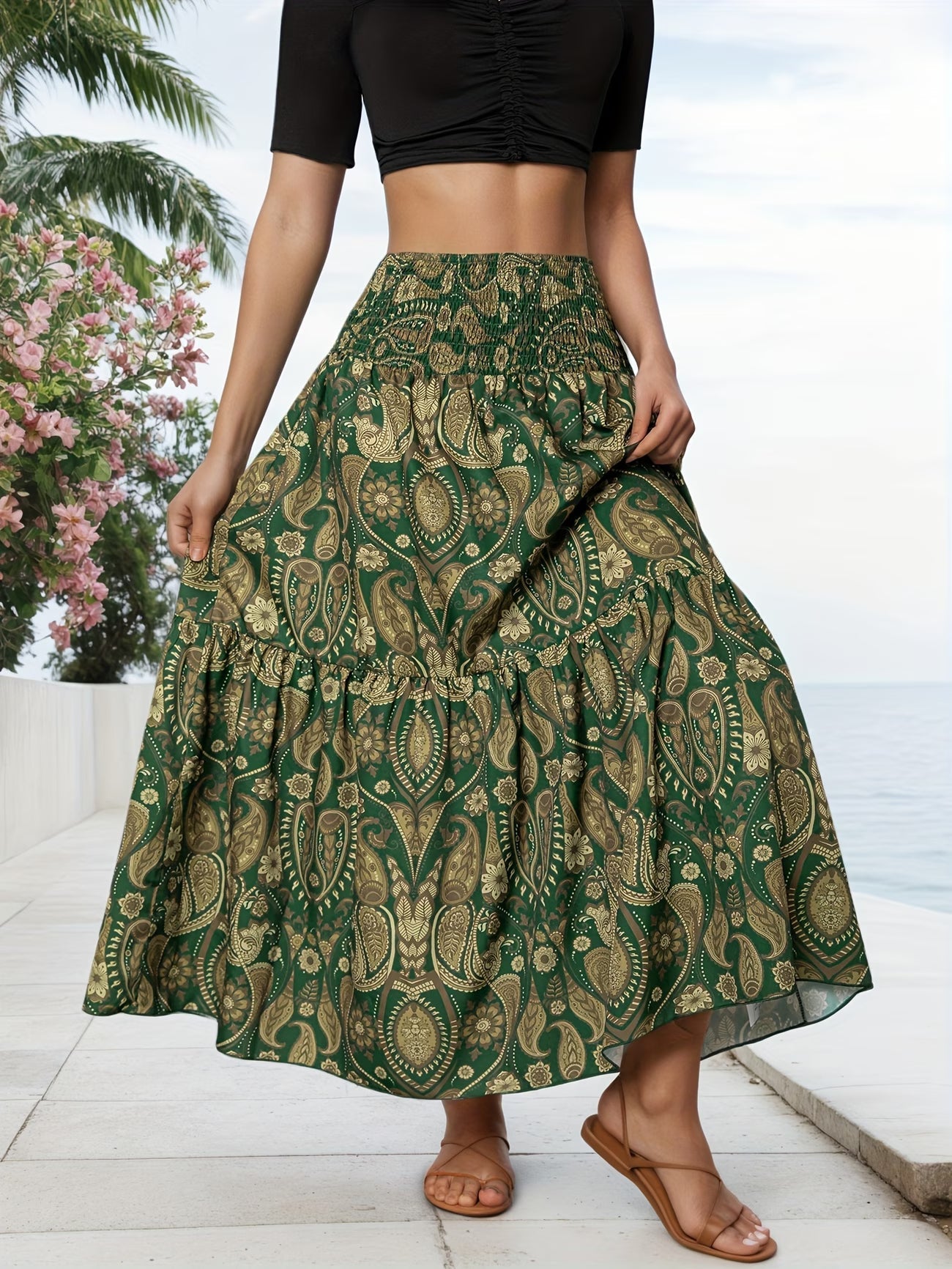 🌸 Women High Waist Tiered Flowy Brown Paisley Print Bohemian Maxi Skirt 🌸