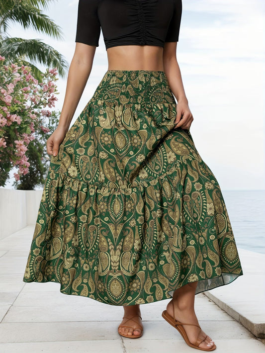 🌸 Women High Waist Tiered Flowy Brown Paisley Print Bohemian Maxi Skirt 🌸