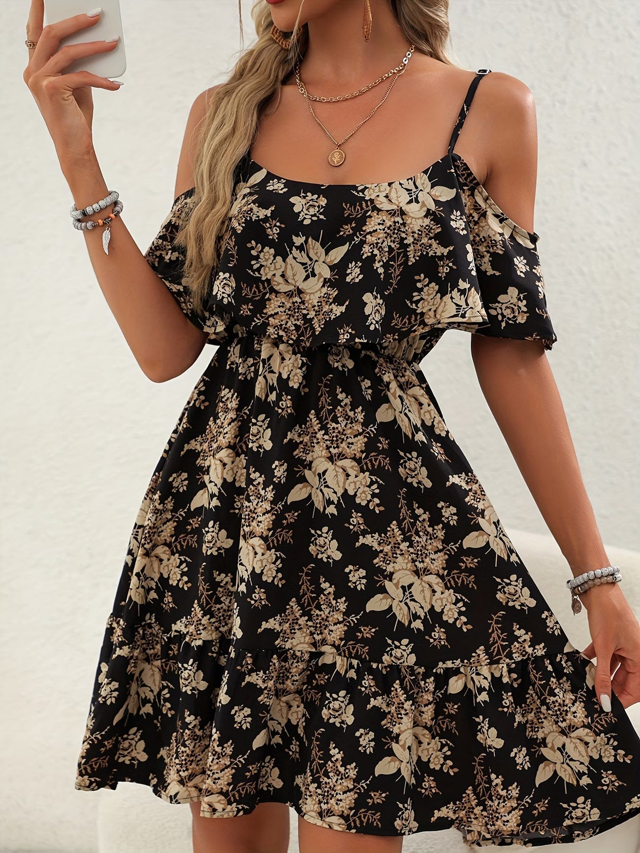 Women's Elegant Floral Print Cold-Shoulder Ruffle Midi Dress
