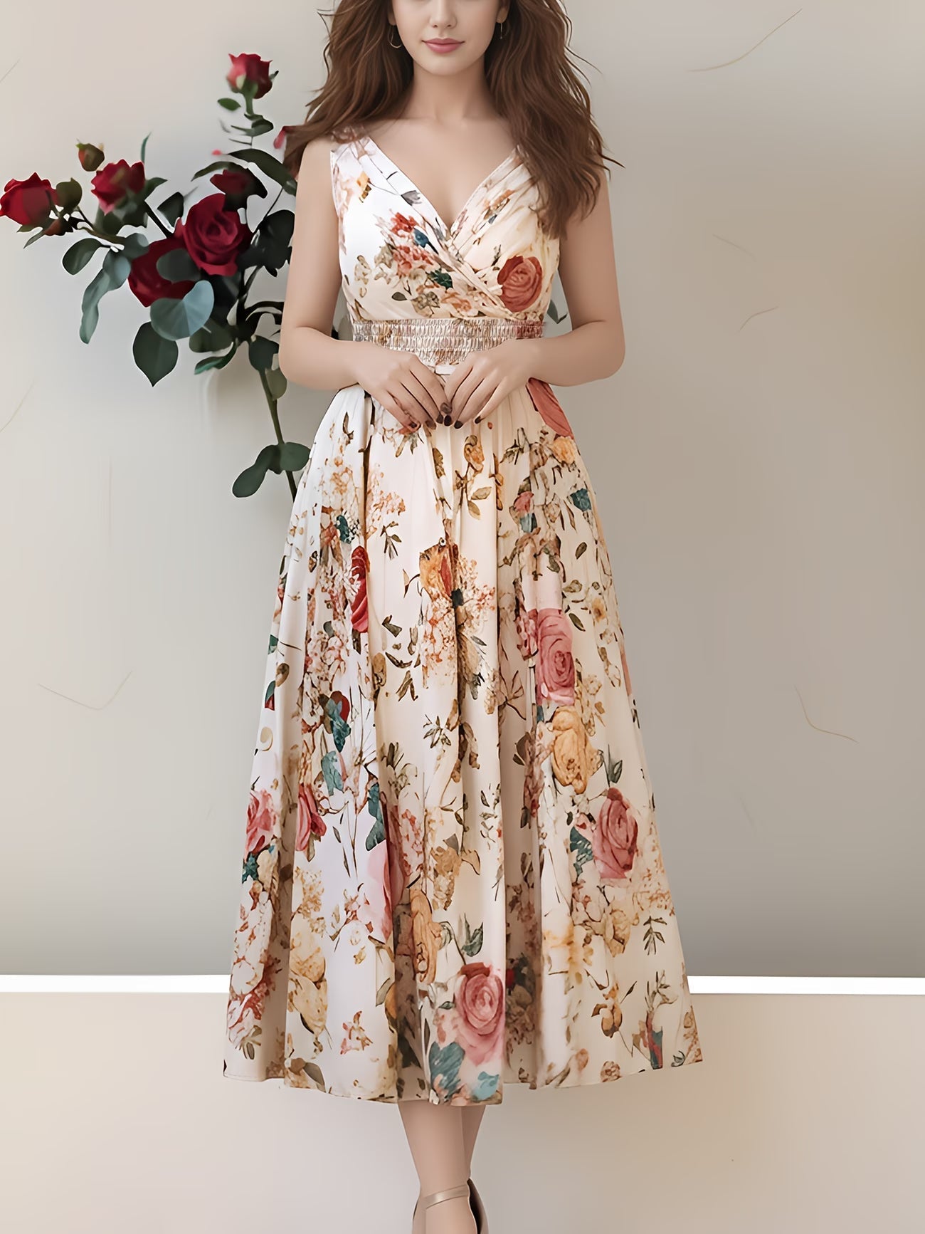 New Fashion Elegant Print Sleeveless V-Neck Wrap Dress