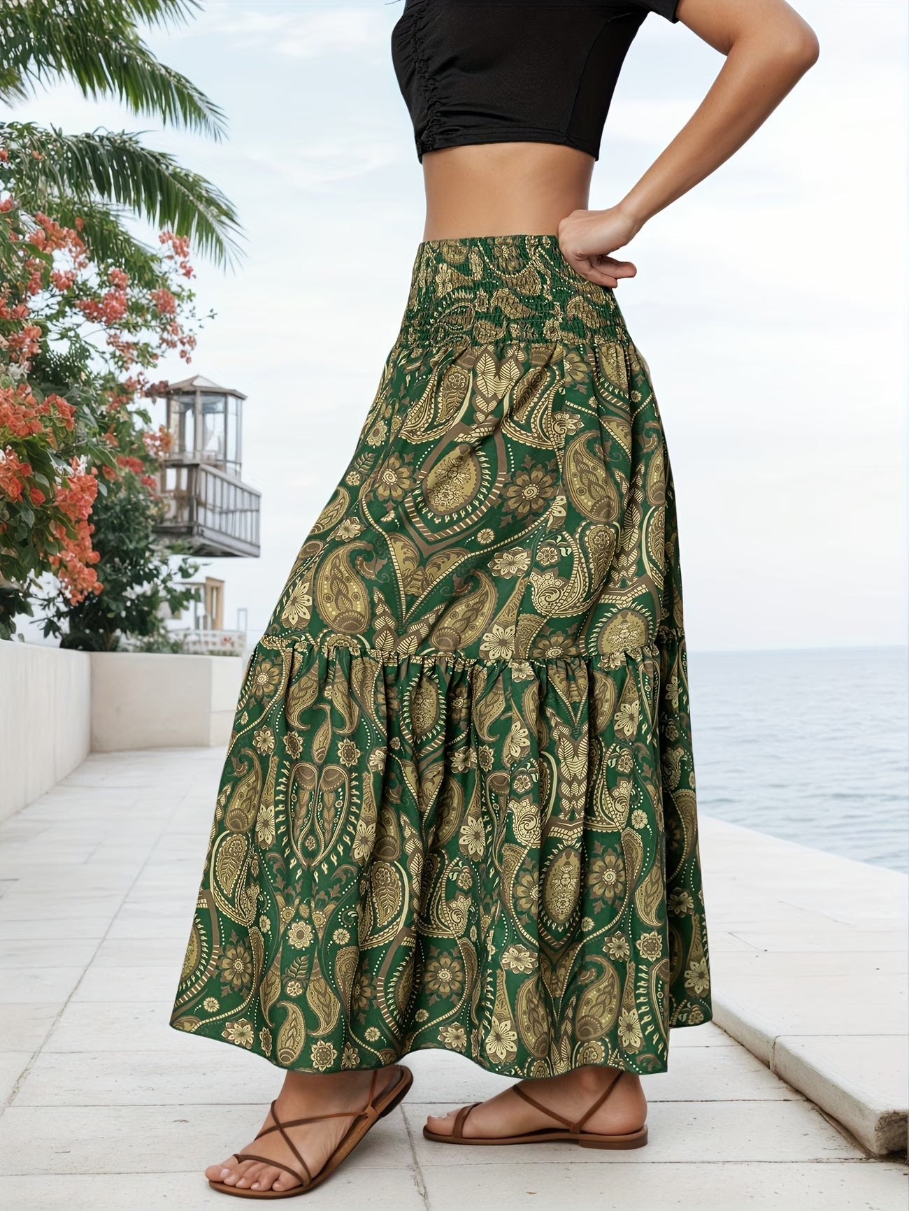 🌸 Women High Waist Tiered Flowy Brown Paisley Print Bohemian Maxi Skirt 🌸
