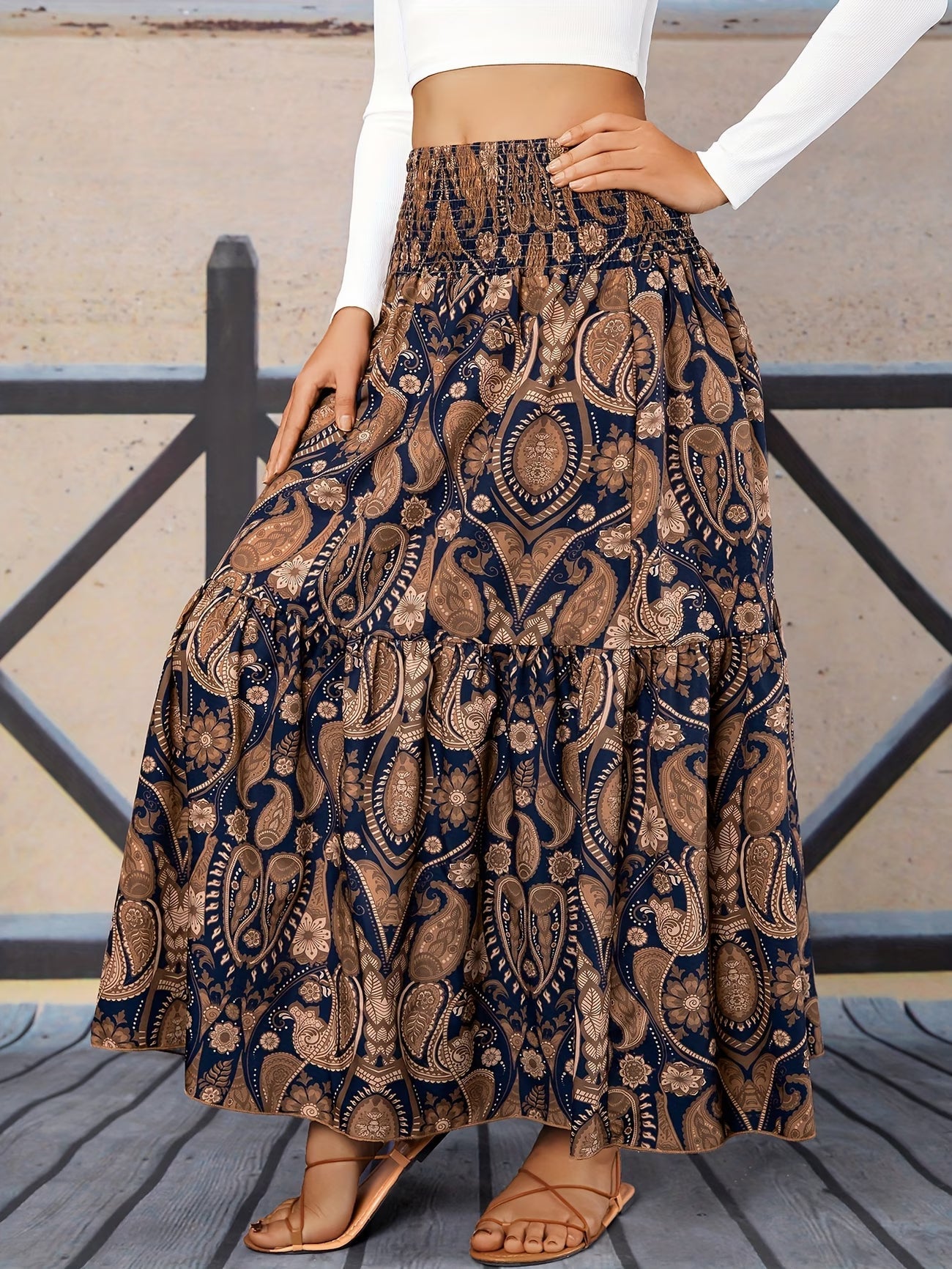 🌸 Women High Waist Tiered Flowy Brown Paisley Print Bohemian Maxi Skirt 🌸