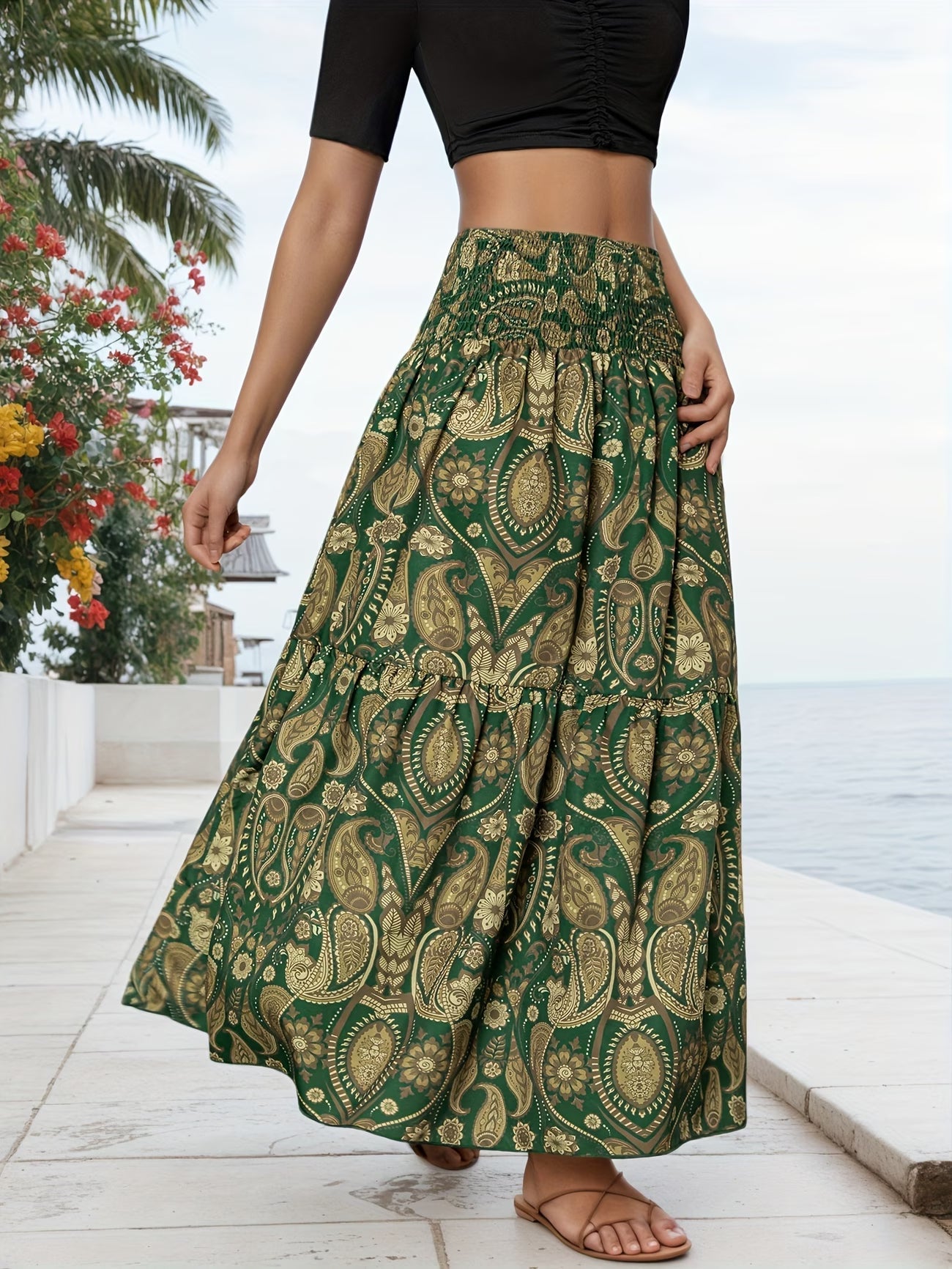 🌸 Women High Waist Tiered Flowy Brown Paisley Print Bohemian Maxi Skirt 🌸