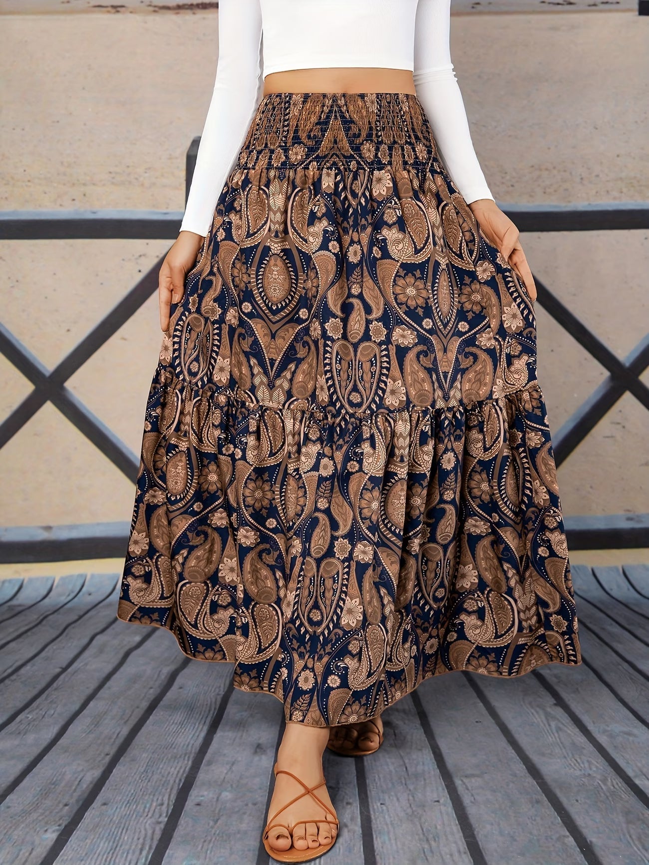 🌸 Women High Waist Tiered Flowy Brown Paisley Print Bohemian Maxi Skirt 🌸