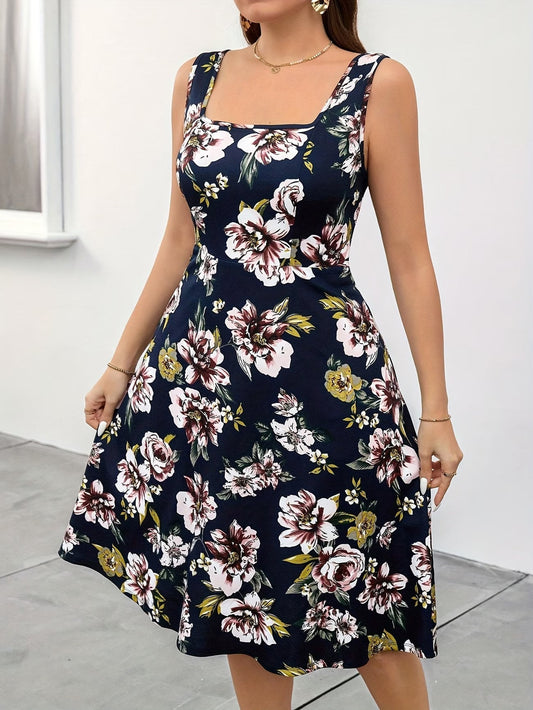Women’s Summer Vacation Vest Dress – Elegant Floral Print