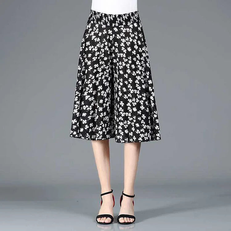 Womens High Elastic Waist Pleated Chiffon Wide Leg Culottes