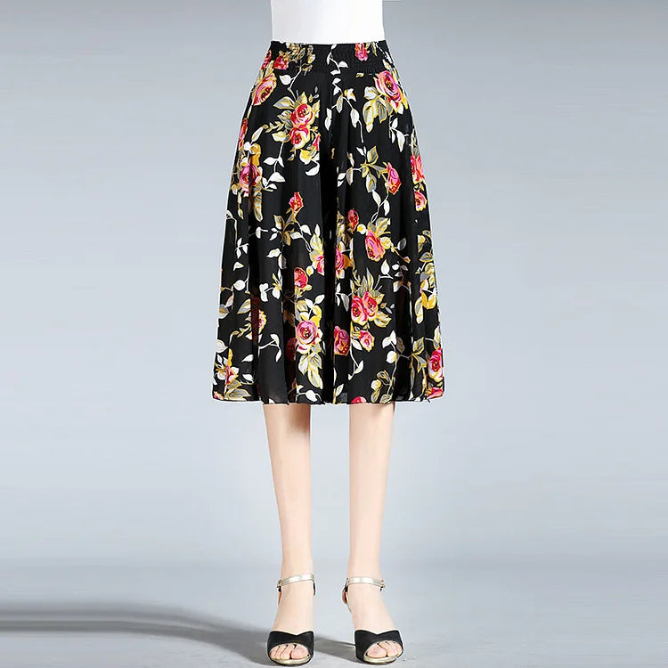 Womens High Elastic Waist Pleated Chiffon Wide Leg Culottes