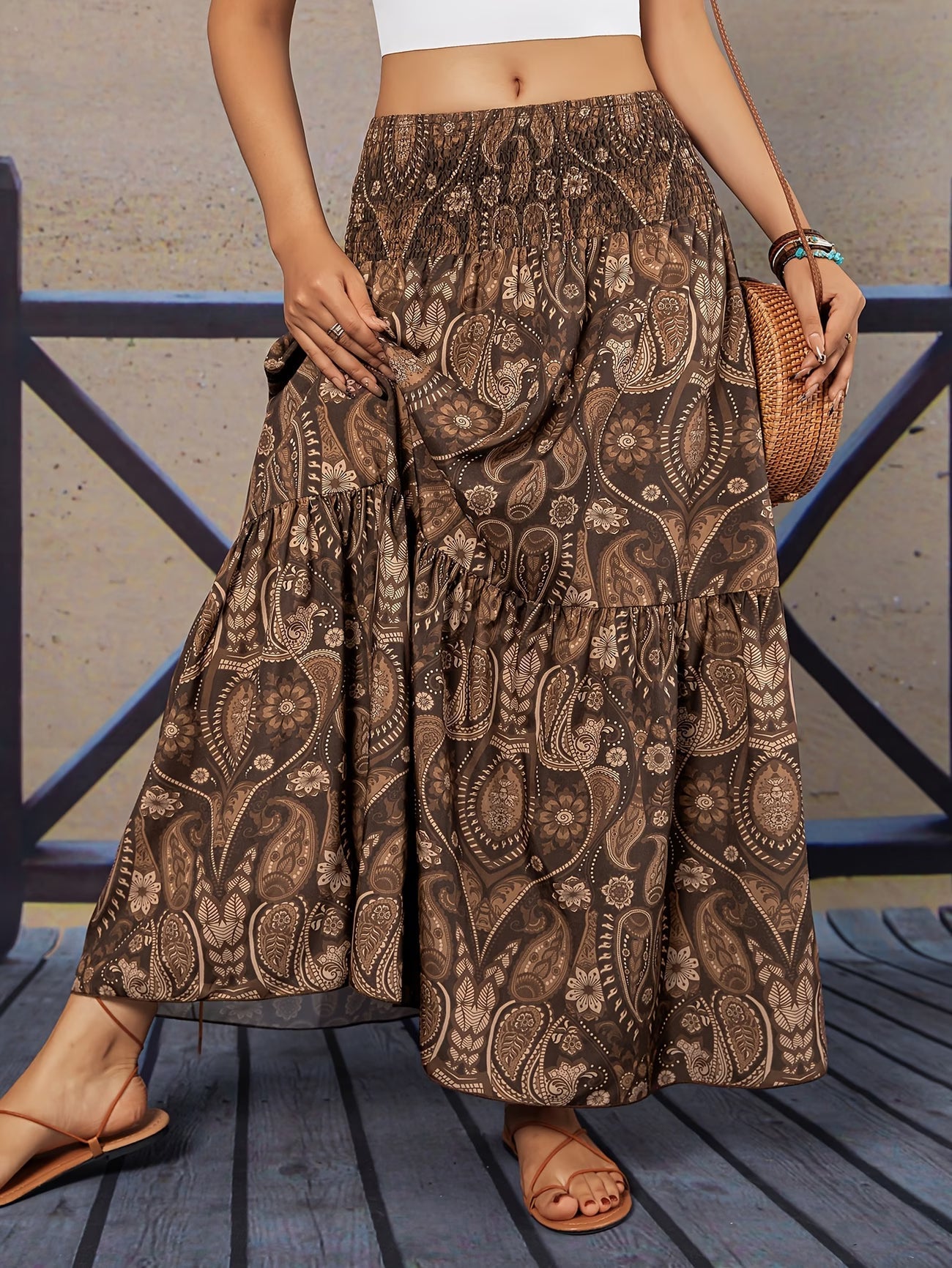 🌸 Women High Waist Tiered Flowy Brown Paisley Print Bohemian Maxi Skirt 🌸