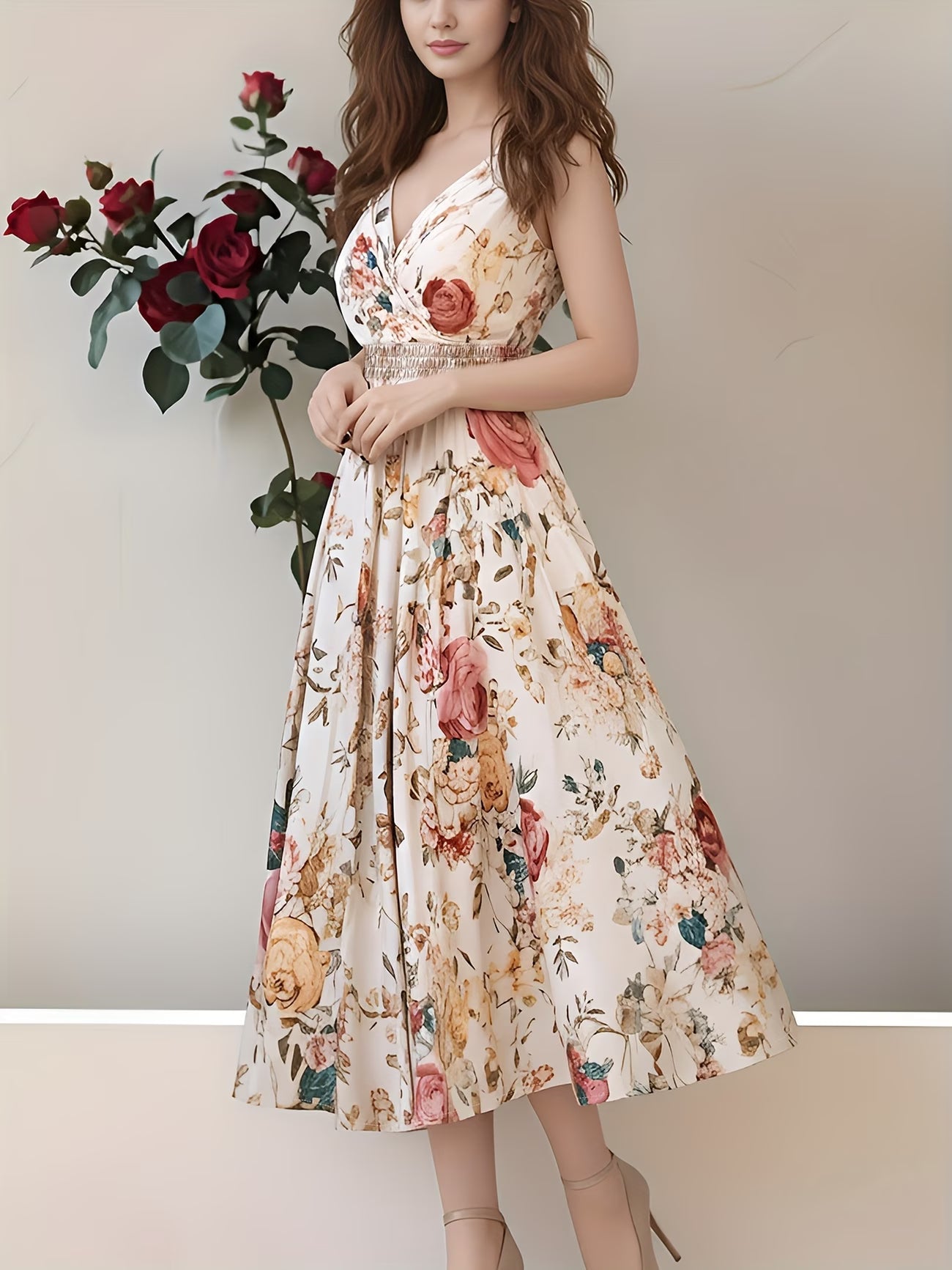 New Fashion Elegant Print Sleeveless V-Neck Wrap Dress