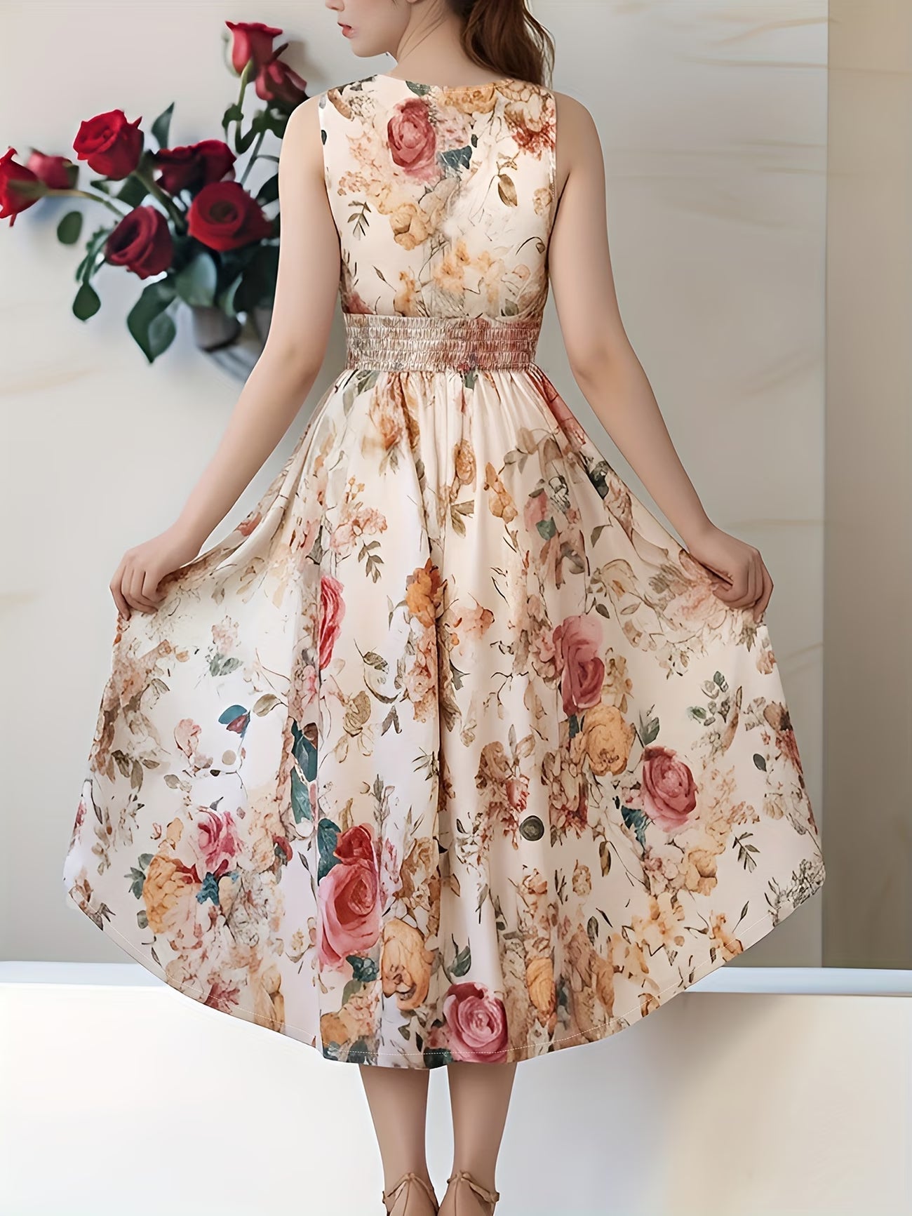 New Fashion Elegant Print Sleeveless V-Neck Wrap Dress