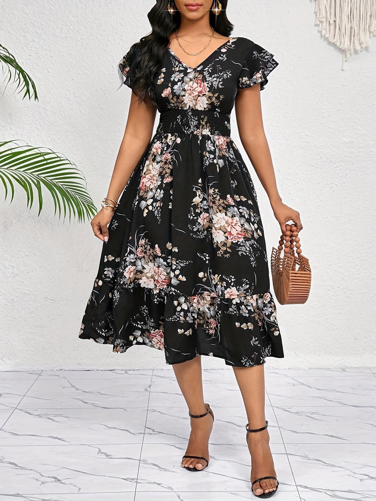 Women's Fashion Floral Elegant Peony Sleeve Dress