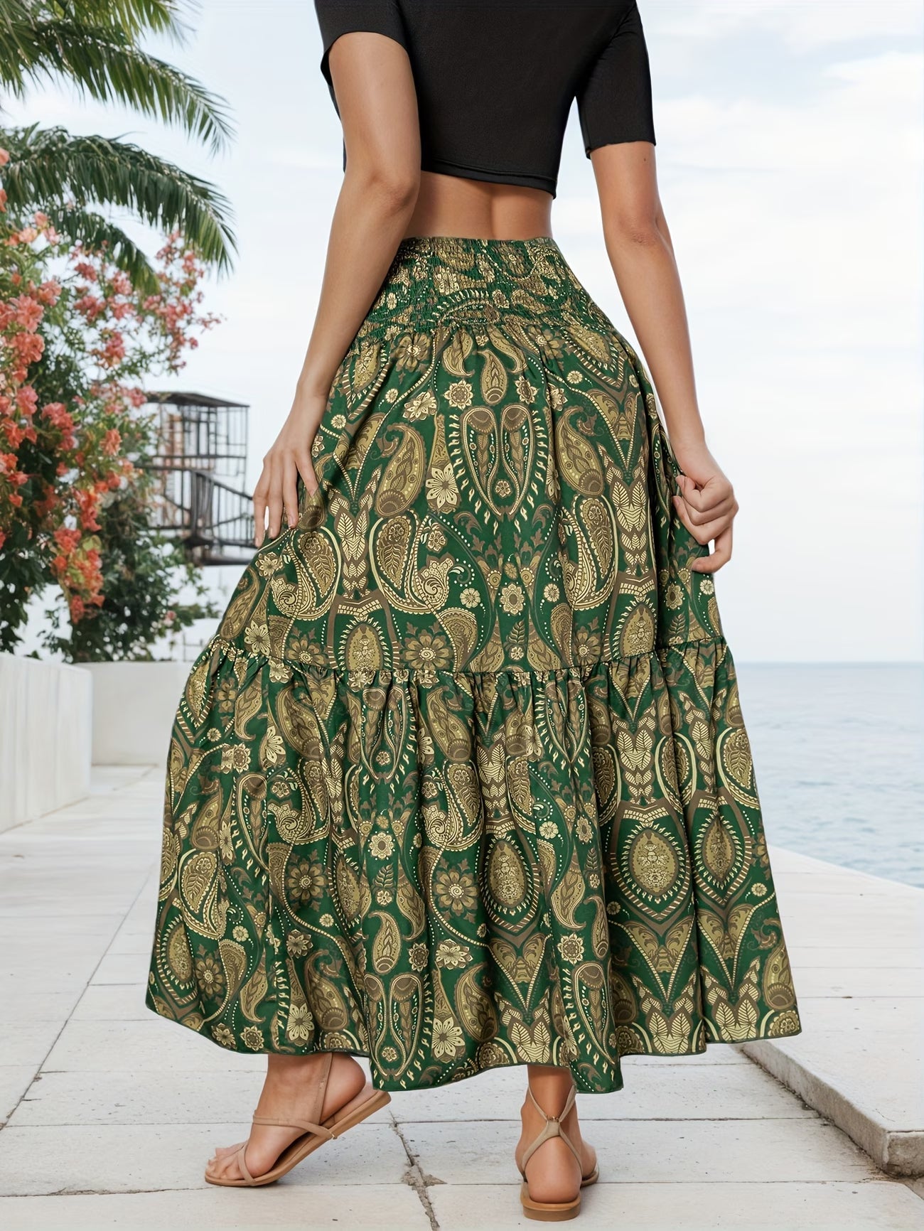 🌸 Women High Waist Tiered Flowy Brown Paisley Print Bohemian Maxi Skirt 🌸